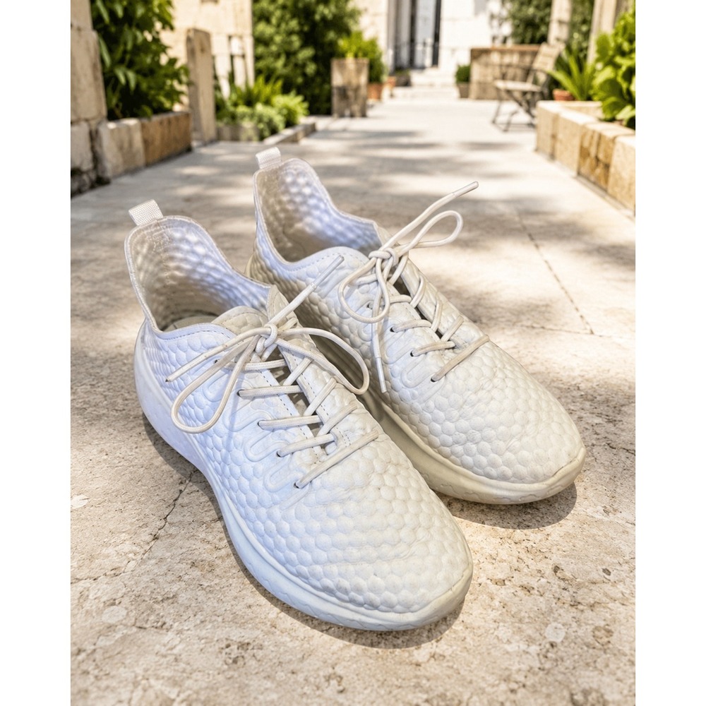 Ecco Therapy White Shoe White Leather Honeycomb Lace-Up Sneaker 6-6.5 Athleisure